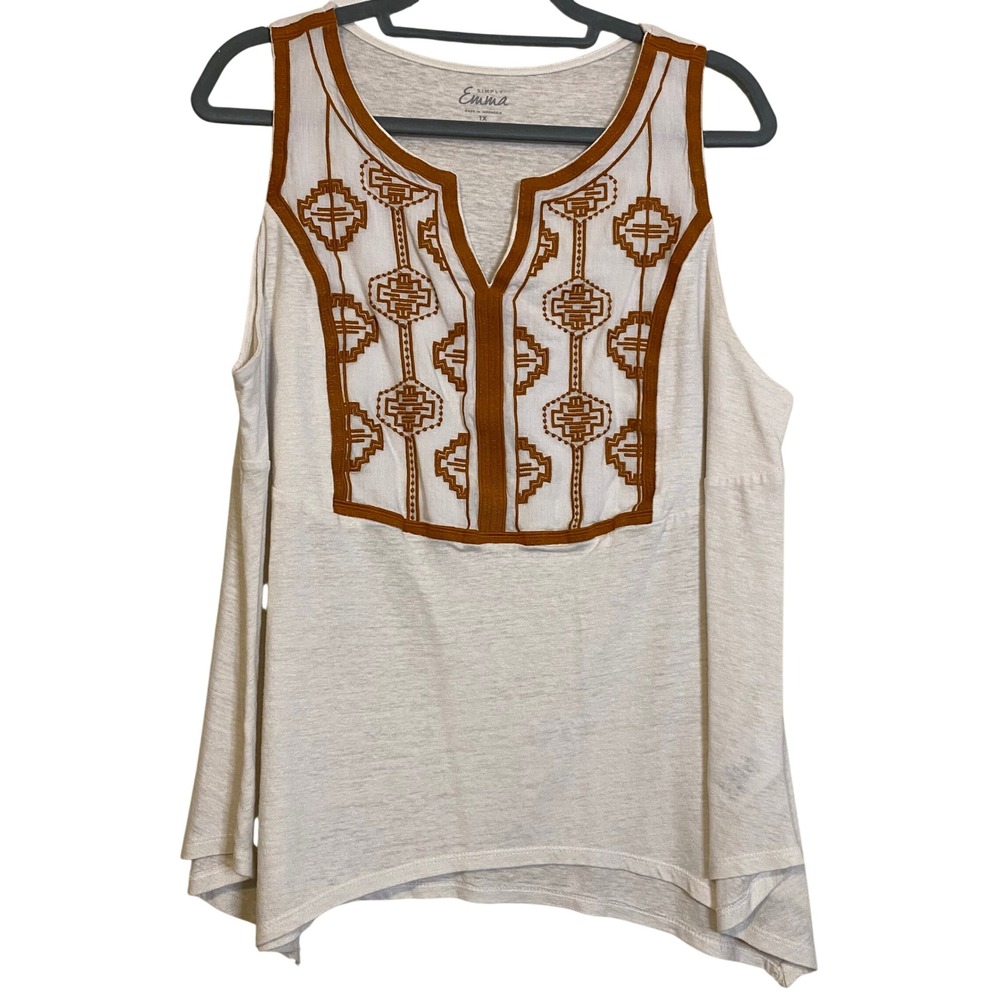 Simply Emma Women 1X Linen Blend Embroidered Blouse Tank Top Split Neck Boho